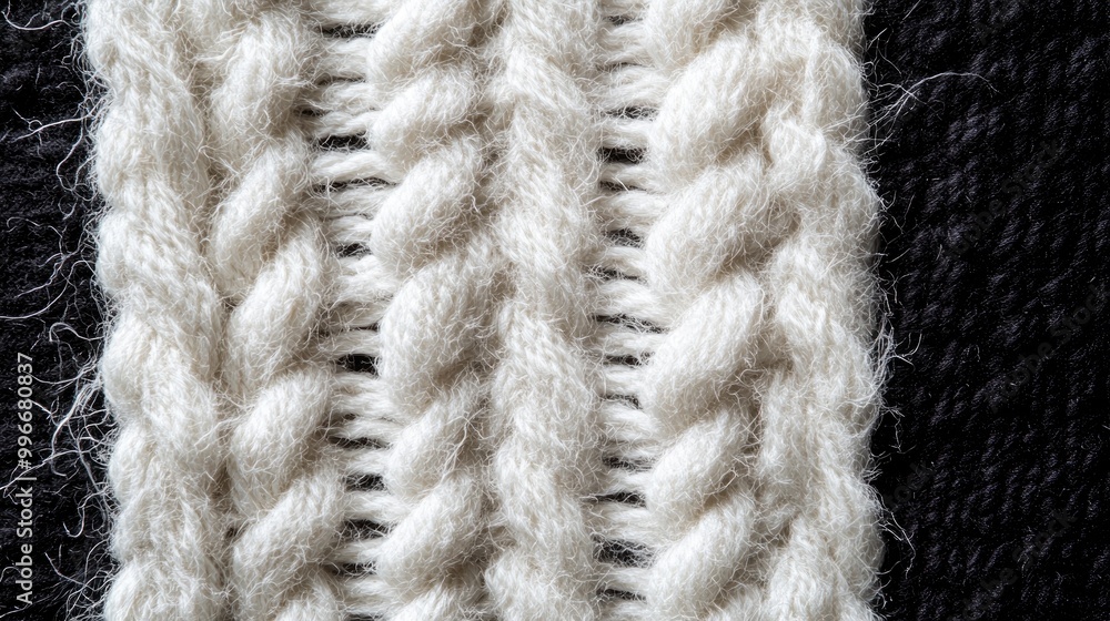 Poster close up of a textured white wool fabric set against a black background featuring space for text or 