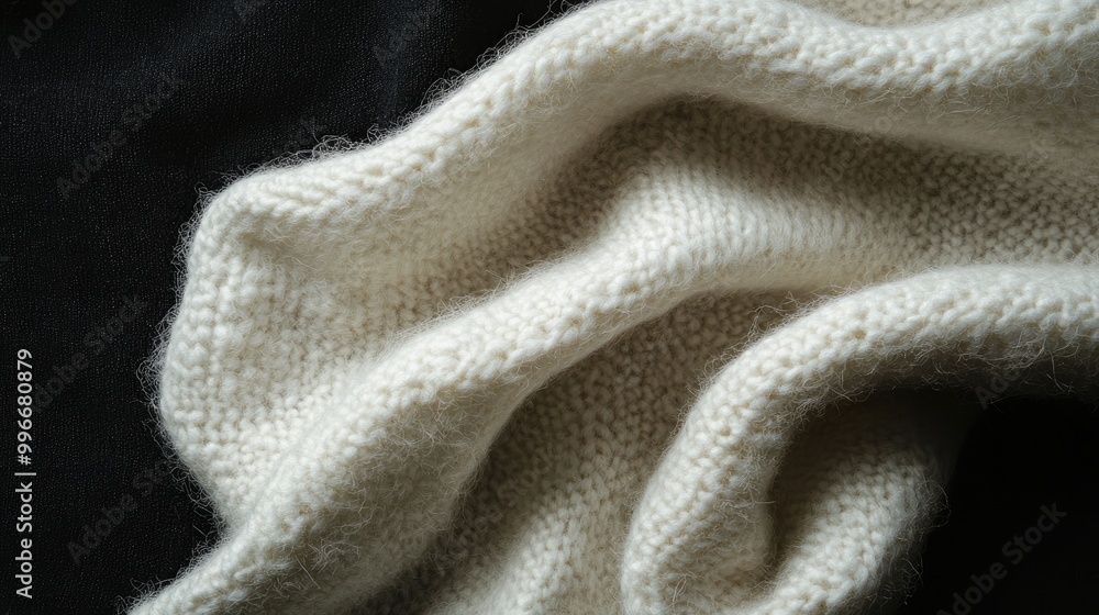 Aufkleber close up of a textured white wool fabric set against a black background featuring space for text or 