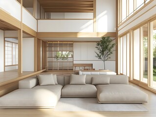 Fototapeta premium Cozy and inviting modern living room with a large comfortable sectional sofa and minimalist stylish decor