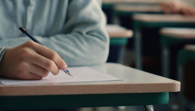 Student hand writing on paper with pen in an exam hall room. Generated image