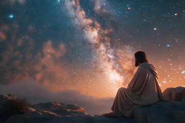 Jesus, sitting on a rock in the wilderness, gazing up at the night sky filled with stars