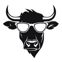 Stylish Bull with Glasses Silhouette – Black and White Vector Illustration for Stickers and Logos