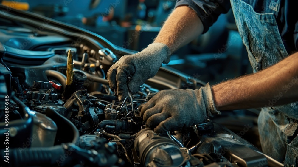 Aufkleber a mechanic working on an engine with tools in a workshop setting.