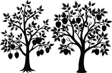 Vector Plum tree silhouette icon set, illustration on white background.