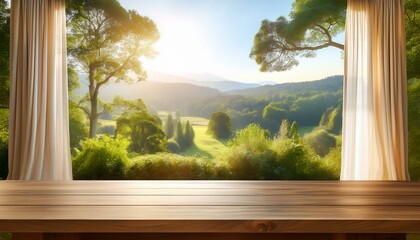 Wood kitchen tabletop on window background with white curtain. Empty countertop mockup for home, food and beauty products presentation. Clean podium with falling sunlight for advertisement design
