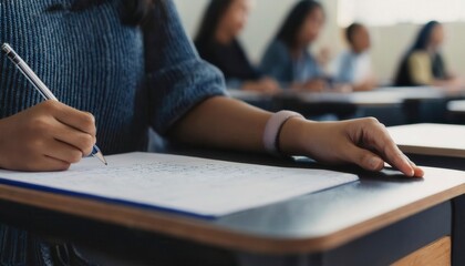 Student hand writing on paper with pen in an exam hall room. Generated image