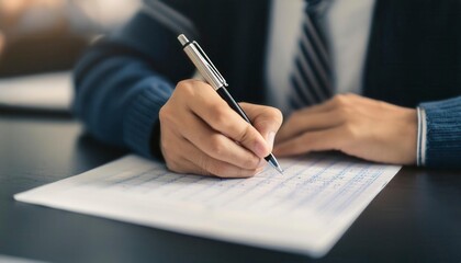 Student hand writing on paper with pen in an exam hall room. Generated image