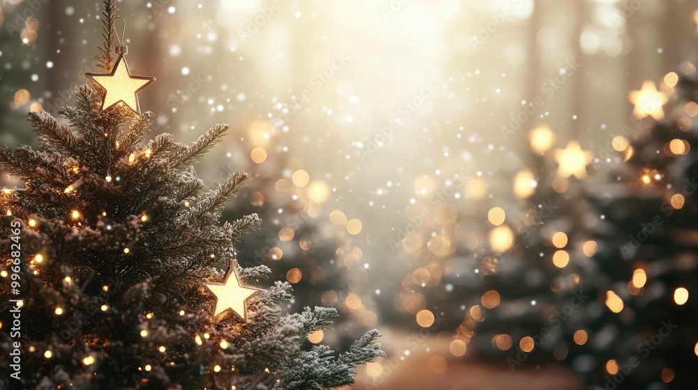 Poster christmas trees adorned with stars and surrounded by soft blurred lights perfect for a greeting card