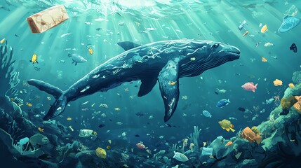 Fototapeta premium A majestic whale swims gracefully through a vibrant underwater scene, surrounded by colorful fish and plastic debris.