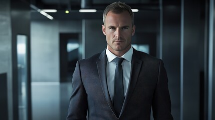 Fototapeta premium Confident businessman walks through a modern office building during the evening with a determined expression and stylish attire