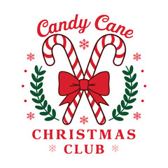 A festive and charming Christmas badge featuring two candy canes crossed and tied with a red bow, framed by green holiday wreath leaves and snowflakes. Perfect for holiday-themed designs