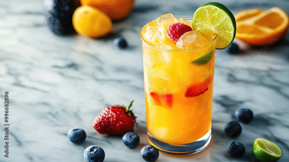 Poster chilled citrus beverage with ice accented by lime and complemented by colorful fruits on a marble su