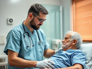 Fototapeta premium Amazing high resolution photos of serious male nurse assisting pensioner in treatment room.Health