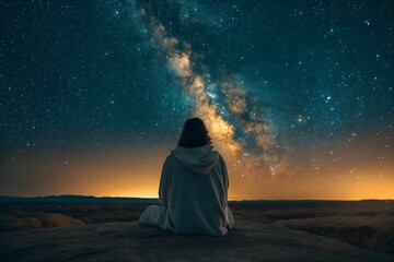 Jesus, sitting on a rock in the wilderness, gazing up at the night sky filled with stars