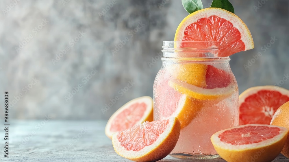 Poster chic summer style featuring pink grapefruits and a glass jar perfect for adding text in the availabl