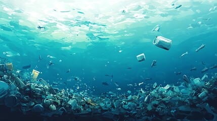 A striking underwater view of marine debris showcasing the impact of pollution on ocean life.