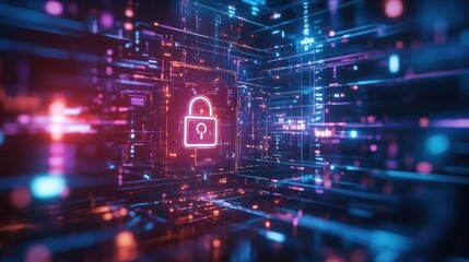 Obraz premium Digital illustration of a secure lock symbol amidst a vibrant, futuristic data network.