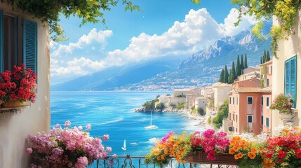 Charming coastal town with stunning views of the sea sky and mountains from a flowering balcony Evokes themes of vacation beach summer and travel