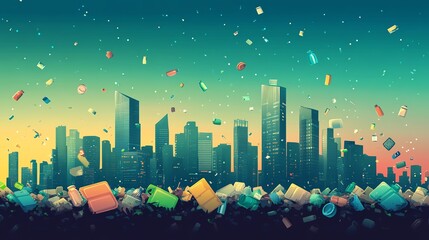 A vibrant city skyline with colorful waste, showcasing the contrast between urban life and environmental challenges.