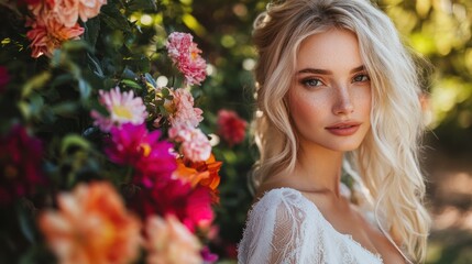 Naklejka premium Portrait of a beautiful young woman with blonde hair and freckles, standing in front of a wall of flowers.