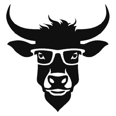 Stylish Bull with Glasses Silhouette – Black and White Vector Illustration for Stickers and Logos