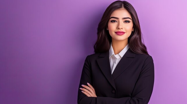 Professional woman in a black suit poses confidently against a vibrant purple background, showcasing elegance and poise.