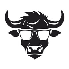 Stylish Bull with Glasses Silhouette – Black and White Vector Illustration for Stickers and Logos