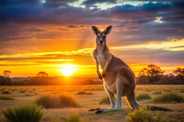 Kangaroo in grassy field with vibrant sunset sky
