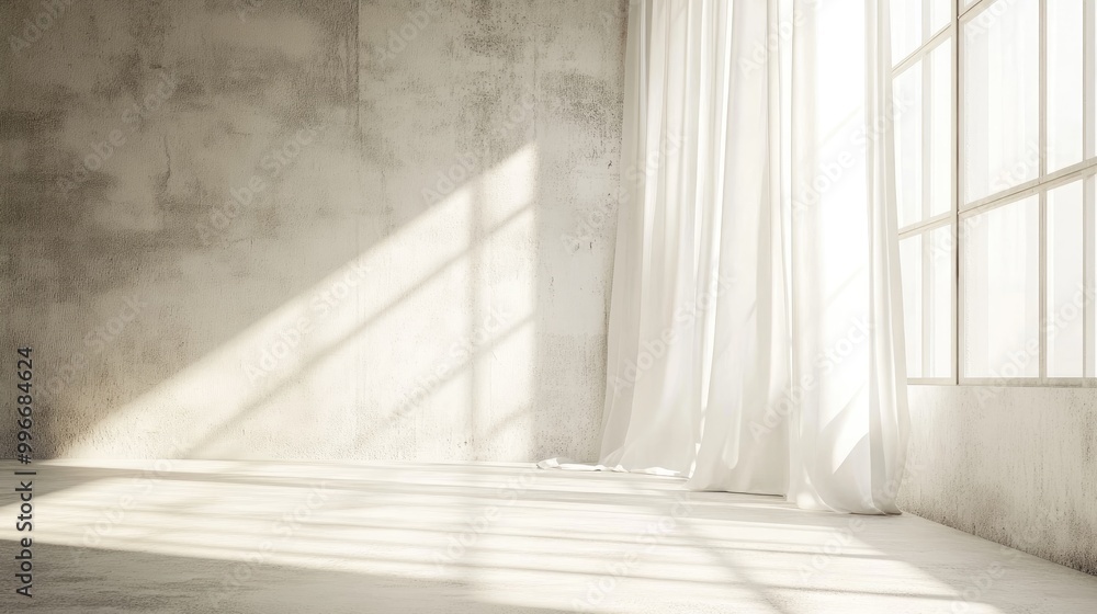 Poster bright empty room featuring soft shadows from window light and sheer white curtains minimalist desig