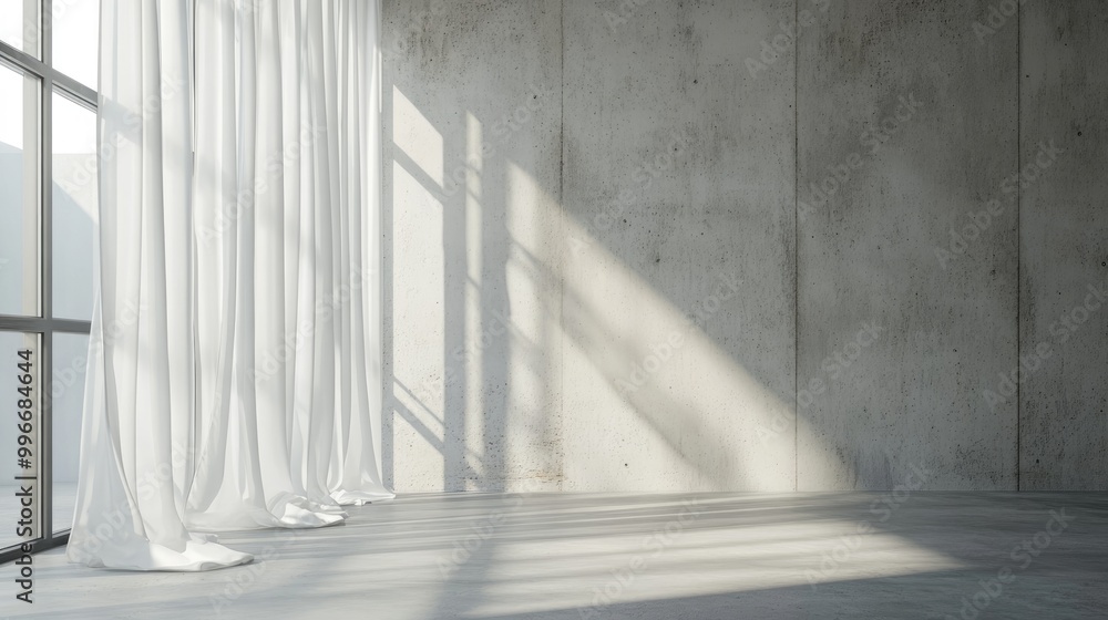 Poster bright empty room featuring soft shadows from window light and sheer white curtains minimalist desig