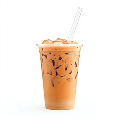 Fototapeta premium Iced Thai tea in a clear plastic cup with ice and straw on a white isolated background.