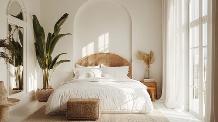 Bright and inviting bedroom featuring minimalist Mediterranean design Enjoy the charm of simplicity and elegance in this thoughtfully arranged space