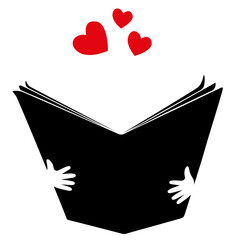 Open book with red cover and red hearts flying out. Isolated on turquoise background. Bibliophile, book lover flat icon. Vector illustration. Love reading logo.
