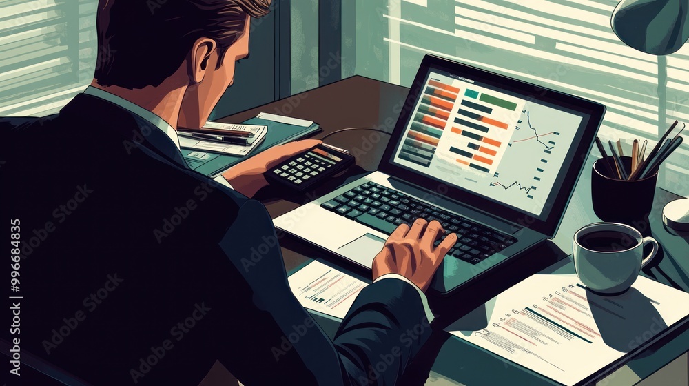 Aufkleber a professional analyzing data on a laptop with a calculator and documents in a modern office.
