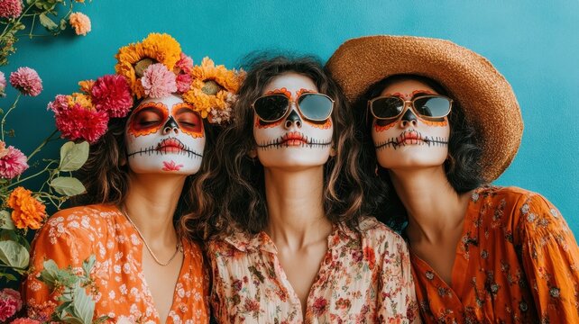 Friends celebrating with vibrant sugar skull makeup and floral accessories.