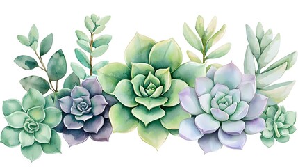A cluster of watercolor succulents in varying shades of green and purple