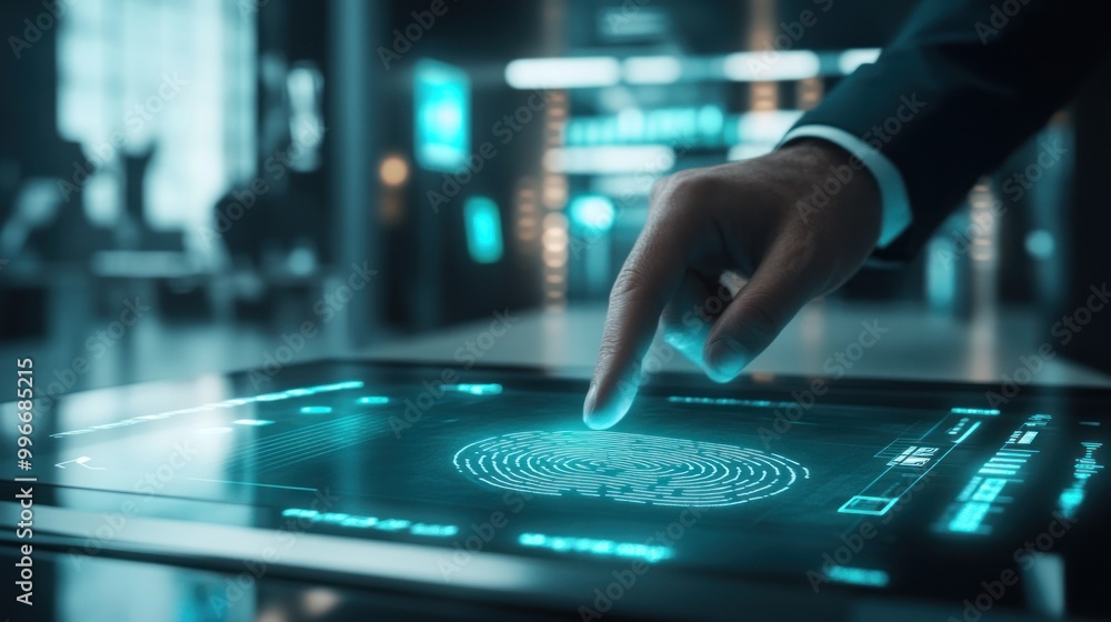 Poster a hand interacts with a futuristic touchscreen displaying biometric data.