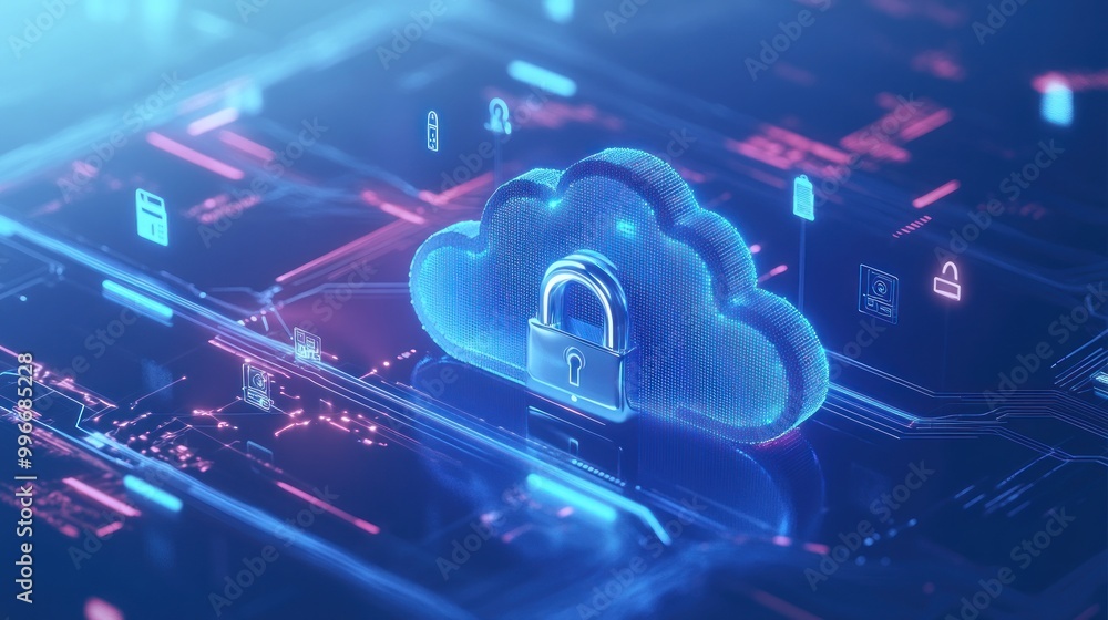 Aufkleber digital cloud with a padlock symbolizing cybersecurity and data protection.
