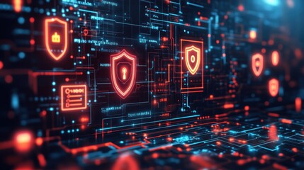 Digital representation of cybersecurity with shields and data connections.