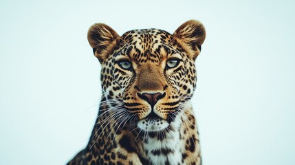 A majestic leopard gazes into the lens against a light background