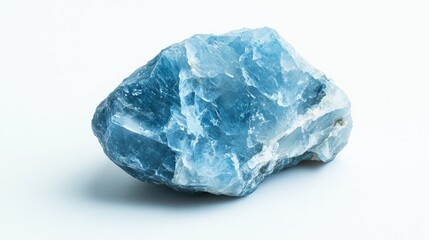 Angelite stone radiating a gentle blue light and calming energy against a clean white backdrop