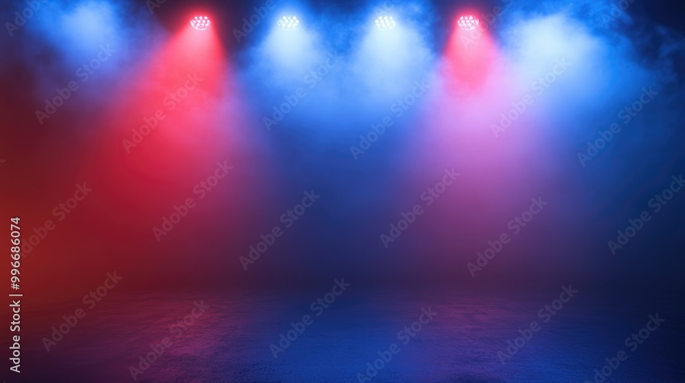 Poster abstract scene featuring red and blue stage lights with a foggy atmosphere creating an empty and mys
