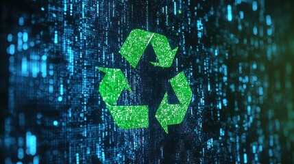 Modern recycle logo with green and blue arrows on a digital screen.