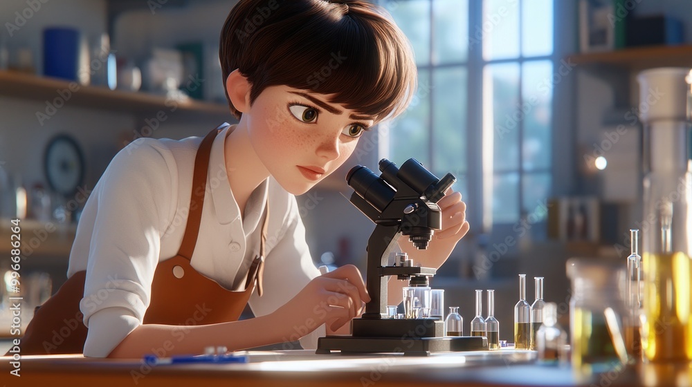 Poster a focused young scientist examines samples under a microscope in a lab setting.