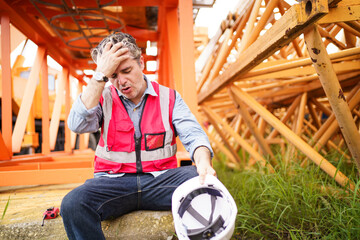 Thirsty and tired worker setting on the floor.