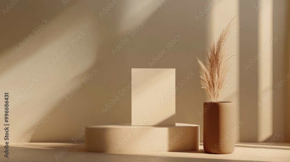 Poster a standing brochure mockup is displayed in a minimalist environment featuring warm tones and soft li