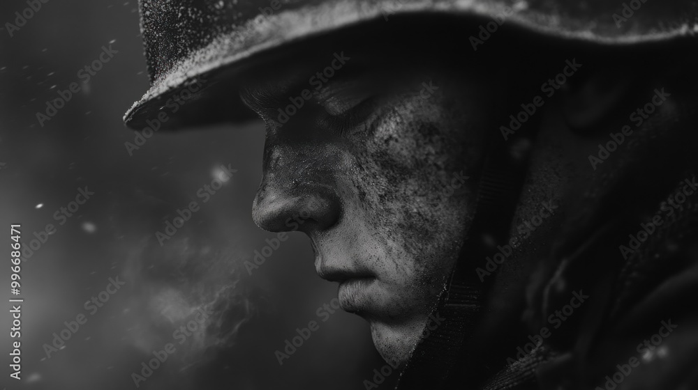 Canvas Prints A solemn soldier in a helmet, captured in a dramatic black-and-white portrait.