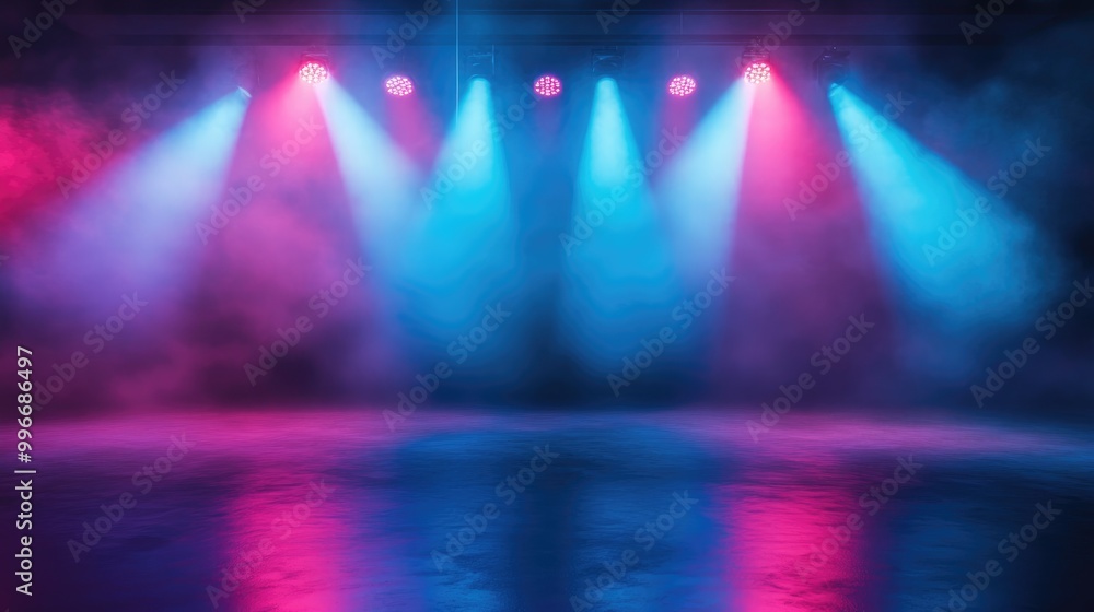 Poster abstract scene featuring red and blue stage lights with a foggy atmosphere creating an empty and mys
