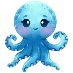 Cute Octopus Cartoon Sea Animals Watercolor Illustration
