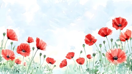 Obraz premium Field of red poppies painted in watercolor, blending into the soft sky